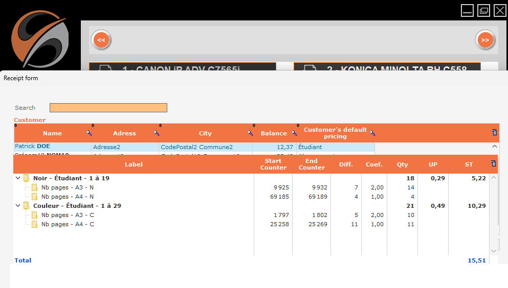 ACS screenshot: automatic billing with per-format coefficients (A4 B&W, A4 color, A3) and total amount calculation