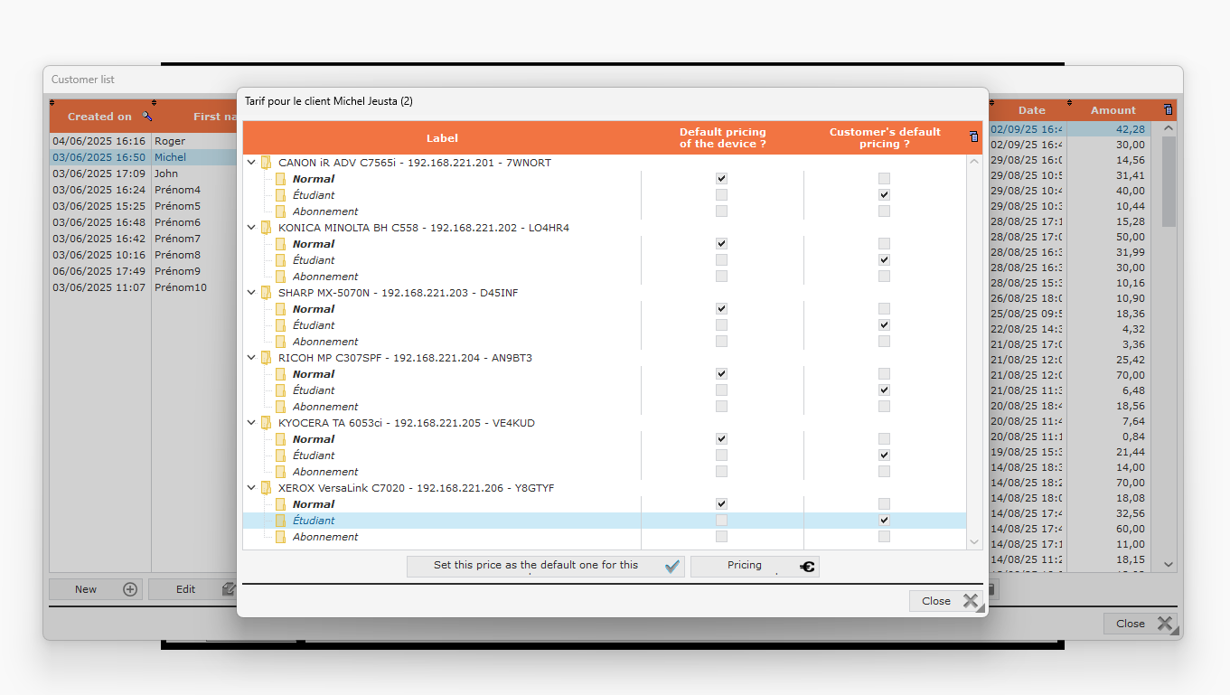 ACS configuration screen with three pricing grids per customer profile: Standard, Student, Subscription, across multiple volume tiers