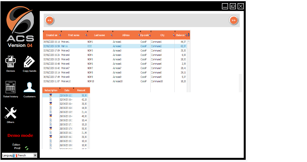 ACS customer list screen with prepaid account balance and transaction history (top-ups and debits)