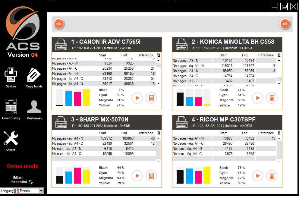 ACS screenshot: 4 copiers (Canon iR ADV C7565i, Konica Minolta BH C558, Sharp MX-5070N, Ricoh MP C307SPF) with start/end/diff counters and CMYK toner levels displayed in real time