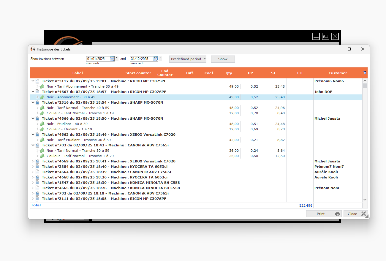 ACS customer dashboard with names, addresses, balances, default rate and detailed counters per format