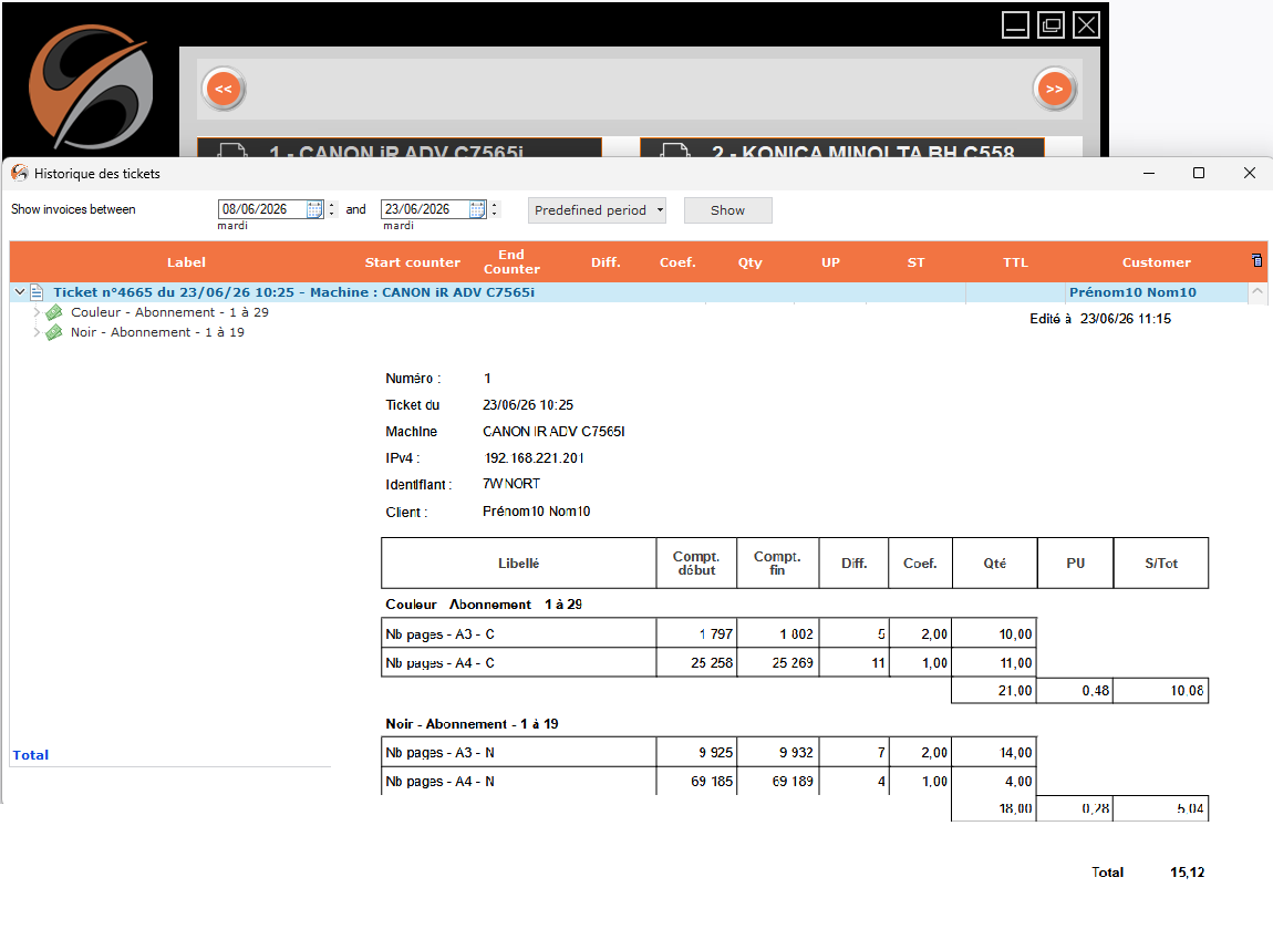 ACS screenshot: receipt history with detailed receipt (n°4665, machine CANON iR ADV C7565i, client Patrick DOE, Color/Black Subscription breakdown, total €15.12)