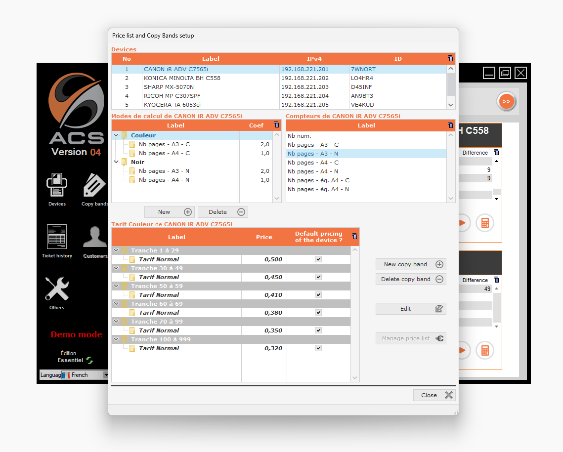 ACS pricing tiers configuration showing 1-29, 30-59, 60-89, 90-119 ranges with rates per profile