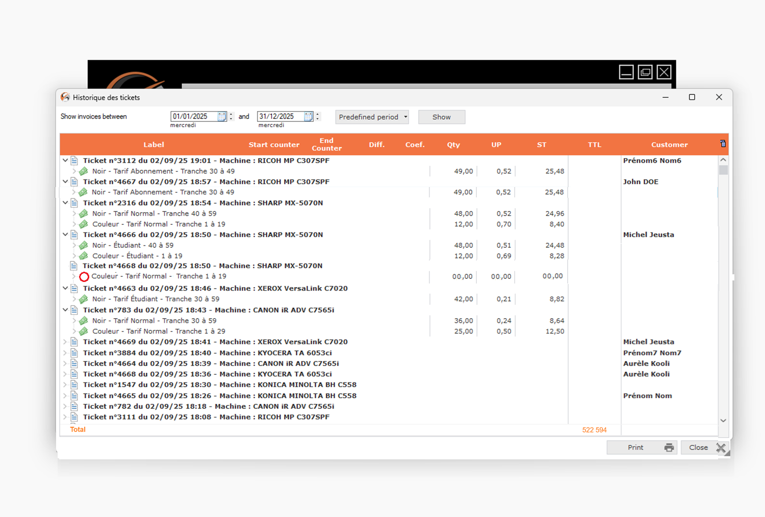 ACS billing history listing all archived print jobs with timestamp, machine, meter difference and amount